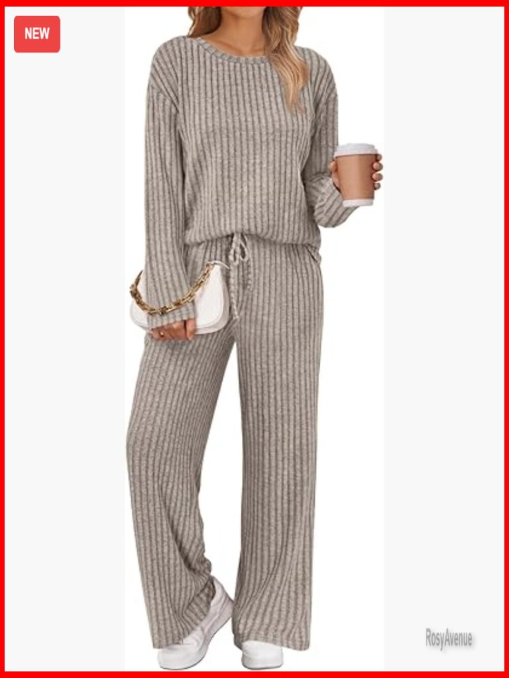 2 Piece Matching Lounge Set Ribbed Knit Long Sleeve Pajama Set Casual Sweatsuit